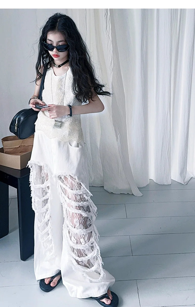 Child Fashion Street Style Y2K Clothes Set Girls Summer T Shirt and Pants featuring white lace pants and sleeveless top