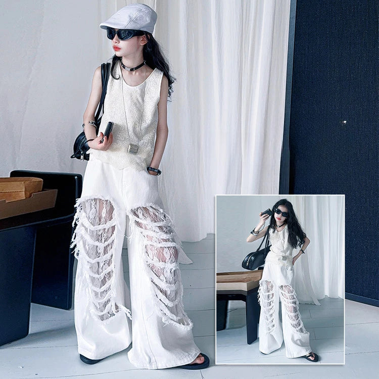 Child Fashion Street Style Y2K Clothes Set Girls Summer T Shirt and Pants white outfit with lace cutout pants and sleeveless top