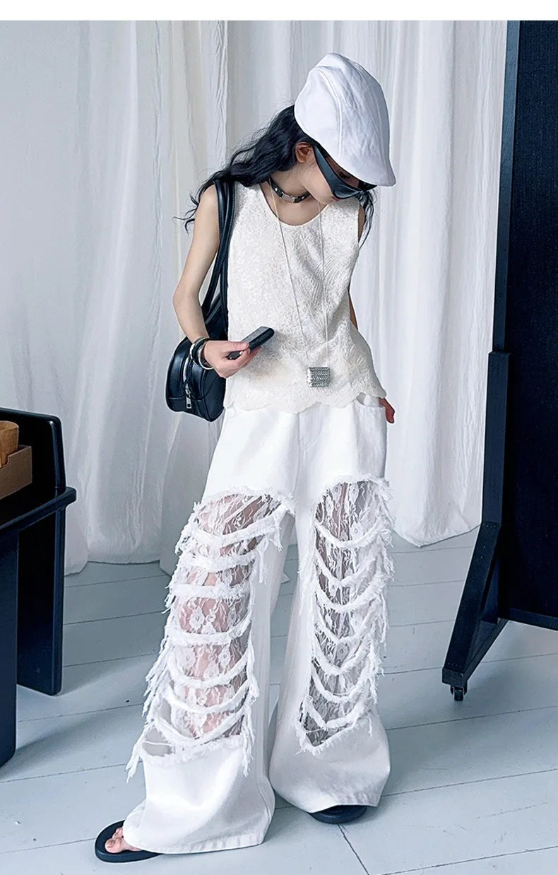 Child Fashion Street Style Y2K Clothes Set Girls Summer T Shirt and Pants featuring white lace pants and sleeveless top with hat