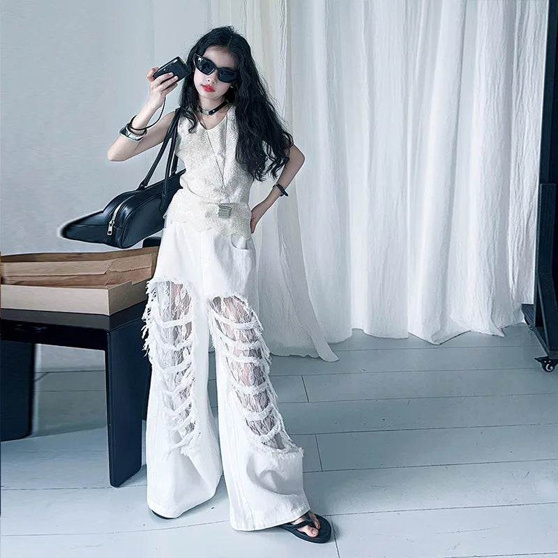 Child Fashion Street Style Y2K Clothes Set Girls Summer T Shirt and Pants with white shredded pants and sleeveless top