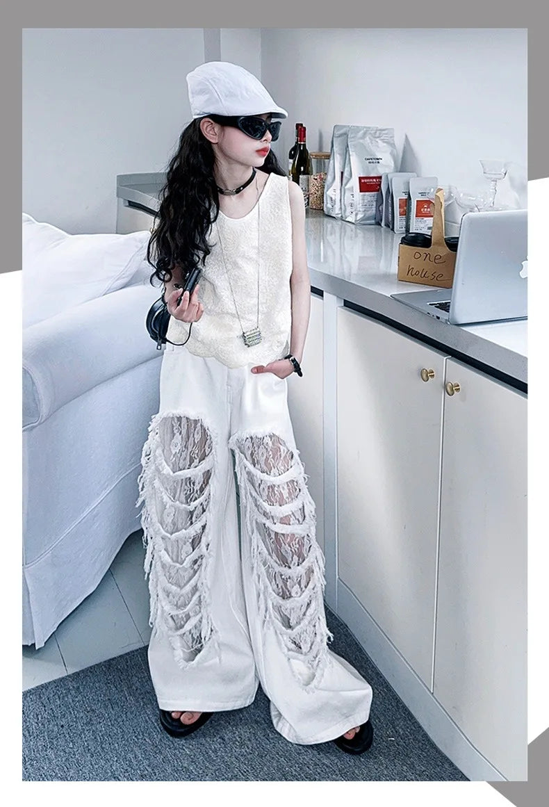 Child Fashion Street Style Y2K Clothes Set Girls Summer T Shirt and Pants with ripped white wide-leg pants and sleeveless top