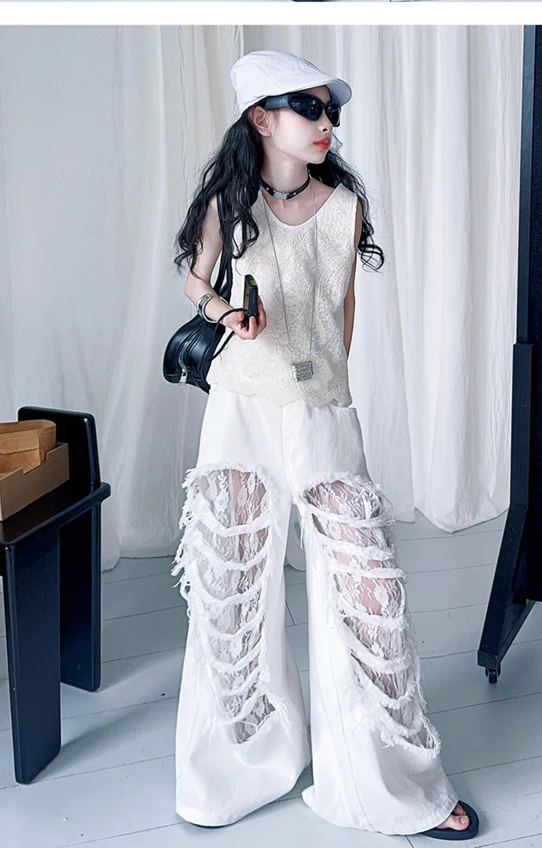 Child Fashion Street Style Y2K Clothes Set Girls Summer T Shirt and Pants white lace pants with sleeveless top and white cap