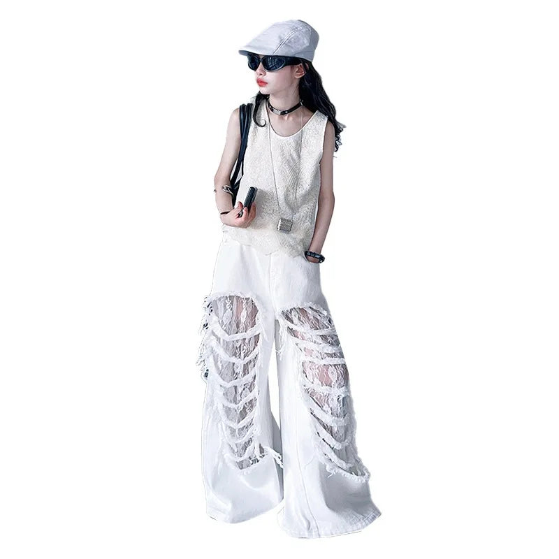 Child Fashion Street Style Y2K Clothes Set Girls Summer T Shirt and Pants white sleeveless top with ripped wide-leg pants