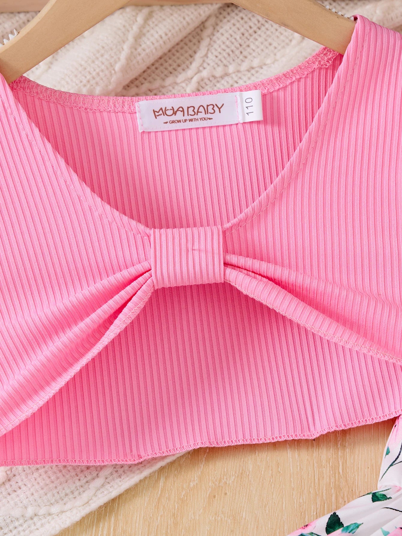 Children Casual Dress Girls Pink Knitted Top Floral Suspender Dress Summer Set with ribbed texture and bow detail