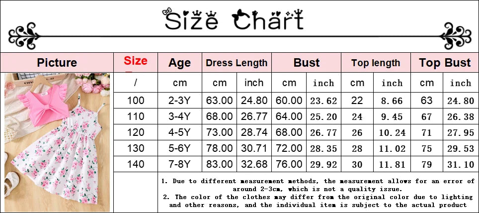 Children Casual Dress Girls Pink Knitted Top Floral Suspender Dress Summer Set size chart with measurements for ages 2 to 7 years