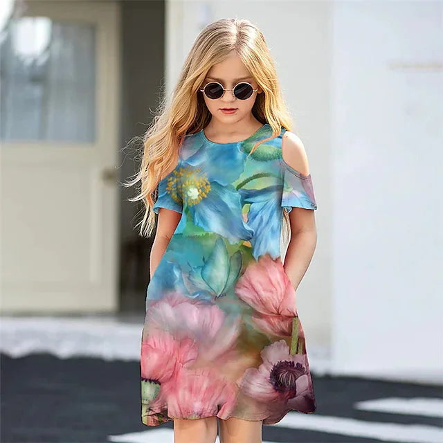 Children Clothing Flower Off Shoulder Round Neck Dress Short Sleeve Fashion with colorful floral print worn by little girl