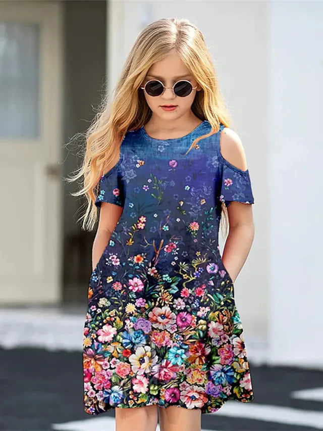 Children Clothing Flower Off Shoulder Round Neck Dress Short Sleeve Fashion in blue with colorful floral print