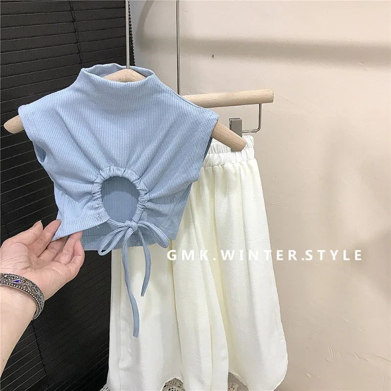 Children Clothing Sets Backless Sleeveless T-Shirt and Leg Pants Summer Outfit in blue and white on hanger