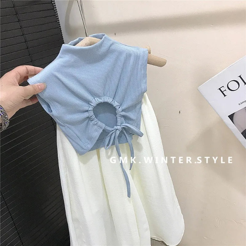 Children Clothing Sets Backless Sleeveless T-Shirt and Leg Pants Summer Outfit in blue and white for toddlers
