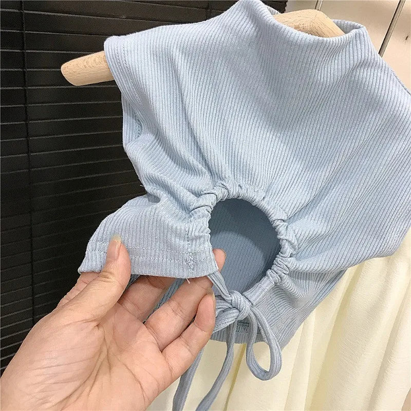 Light blue ribbed backless sleeveless t-shirt on hanger showing open back with drawstring Children Clothing Sets Backless Sleeveless T-Shirt and Leg Pants Summer Outfit