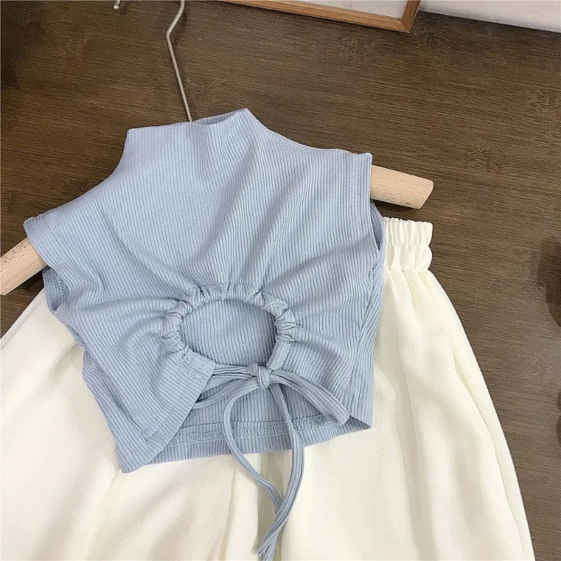 Children Clothing Sets Backless Sleeveless T-Shirt and Leg Pants Summer Outfit in light blue and white