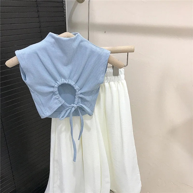 Children Clothing Sets Backless Sleeveless T-Shirt and Leg Pants Summer Outfit in blue and white by Yamza Tots' Closet 
