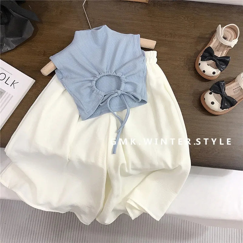 Children Clothing Sets Backless Sleeveless T-Shirt and Leg Pants Summer Outfit with blue top and white pants