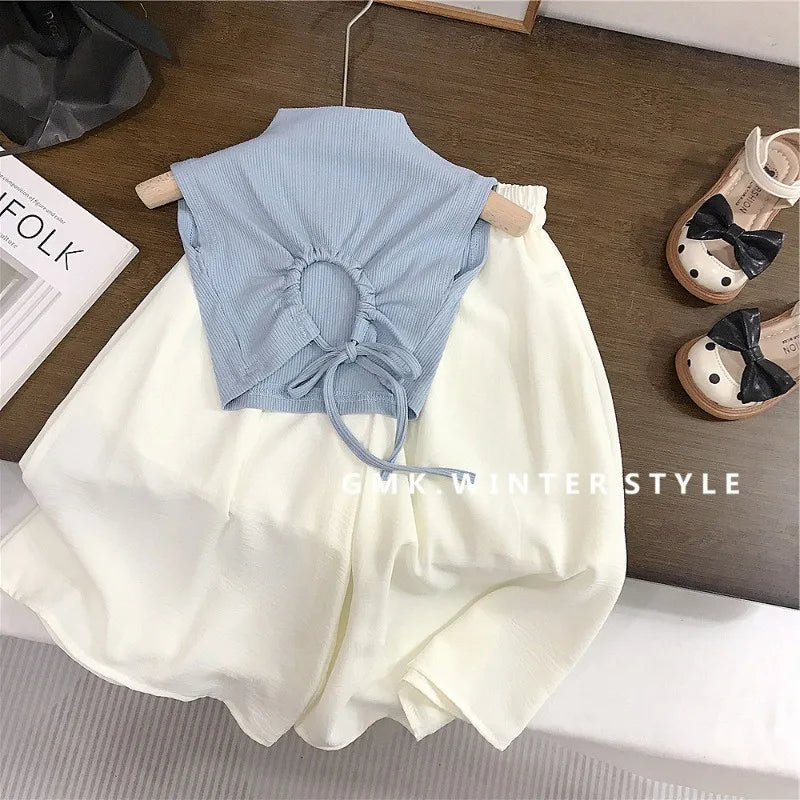 Children Clothing Sets Backless Sleeveless T-Shirt and Leg Pants Summer Outfit in blue and white by Yamza Tots' Closet