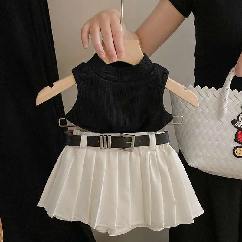 Children Clothing Sets Black Knitted Top and White Skirt Summer Outfit Kids Wear with pleated skirt and sleeveless black top
