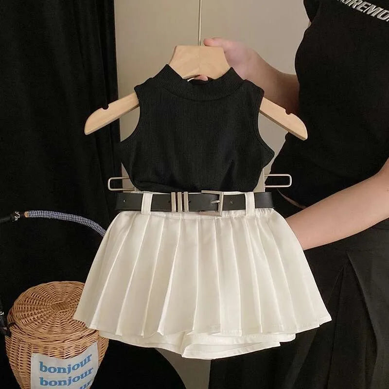 Children Clothing Sets Black Knitted Top and White Skirt Summer Outfit Kids Wear displayed on wooden hanger