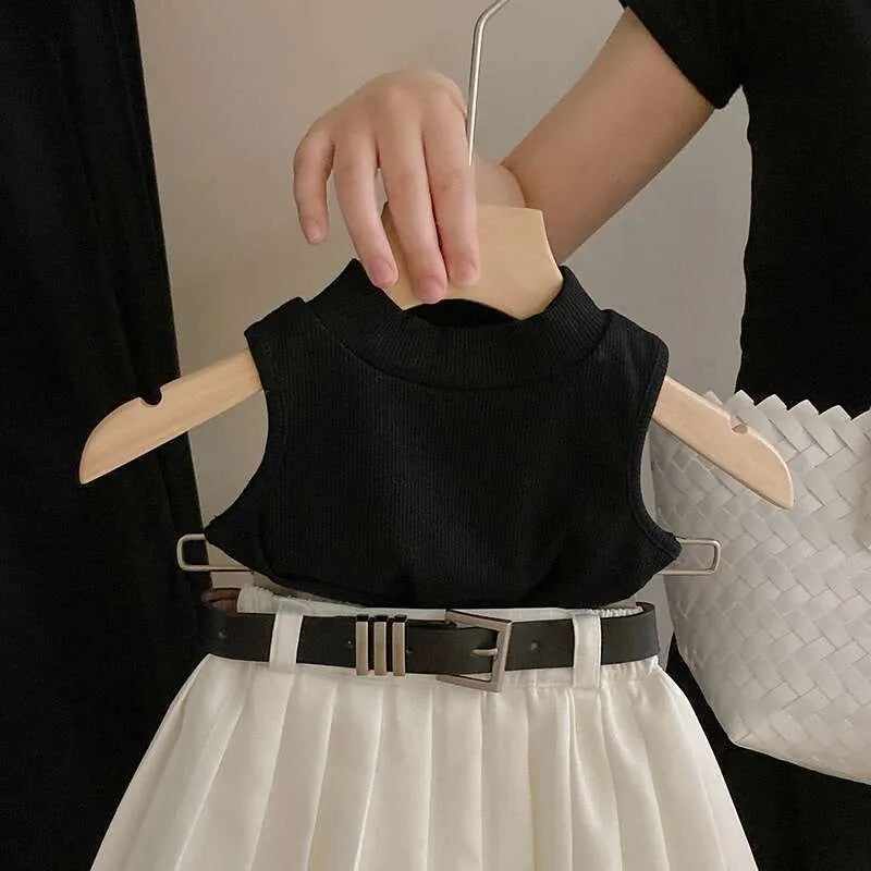 Children Clothing Sets Black Knitted Top and White Skirt Summer Outfit Kids Wear displayed on wooden hanger with belt