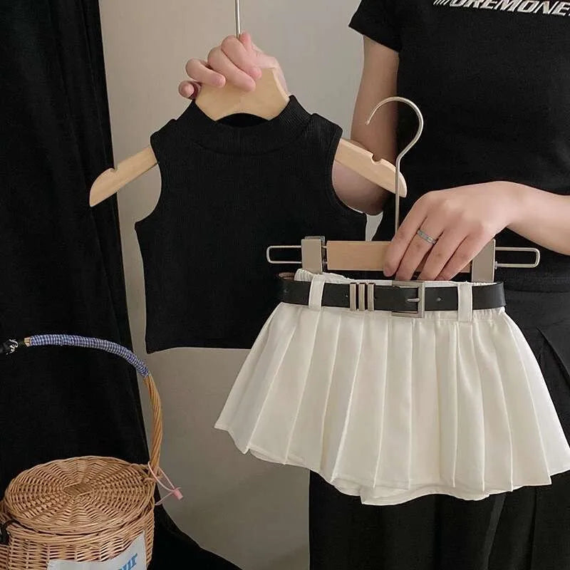 Children Clothing Sets Black Knitted Top and White Skirt Summer Outfit Kids Wear displayed on hangers