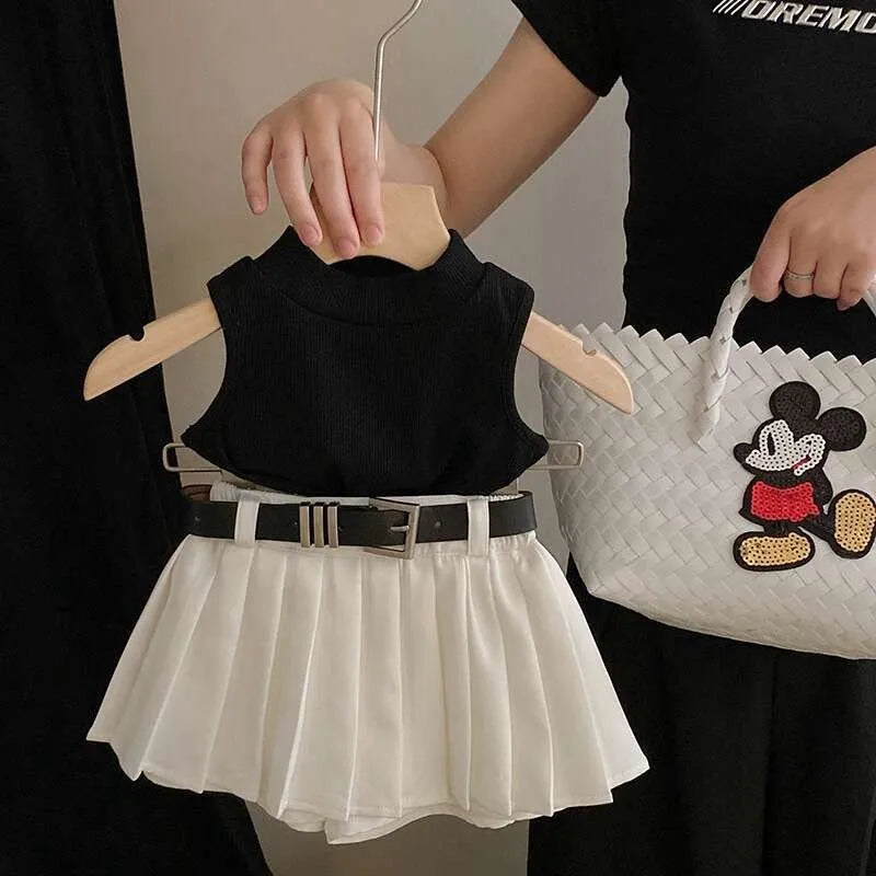 Children Clothing Sets Black Knitted Top and White Skirt Summer Outfit Kids Wear displayed on a wooden hanger with a belt