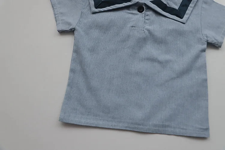Children Clothing Sets Boys Girls Muslin Top Shorts 2pcs Cotton Baby Outfit light blue short sleeve top with navy collar