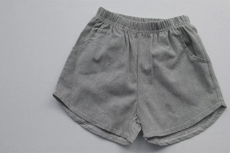Gray elastic waist shorts from Children Clothing Sets Boys Girls Muslin Top Shorts 2pcs Cotton Baby Outfit by Yamza Tots' Closet