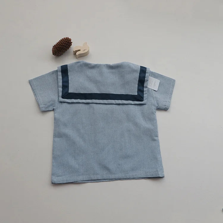 Children Clothing Sets Boys Girls Muslin Top Shorts 2pcs Cotton Baby Outfit blue muslin top with navy trim