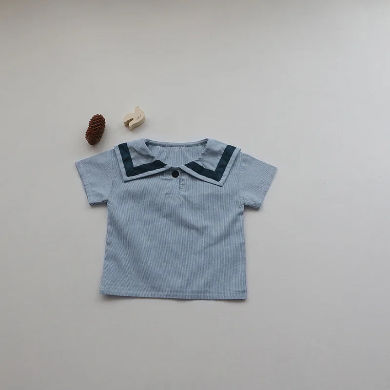 Children Clothing Sets Boys Girls Muslin Top Shorts 2pcs Cotton Baby Outfit with blue sailor collar top
