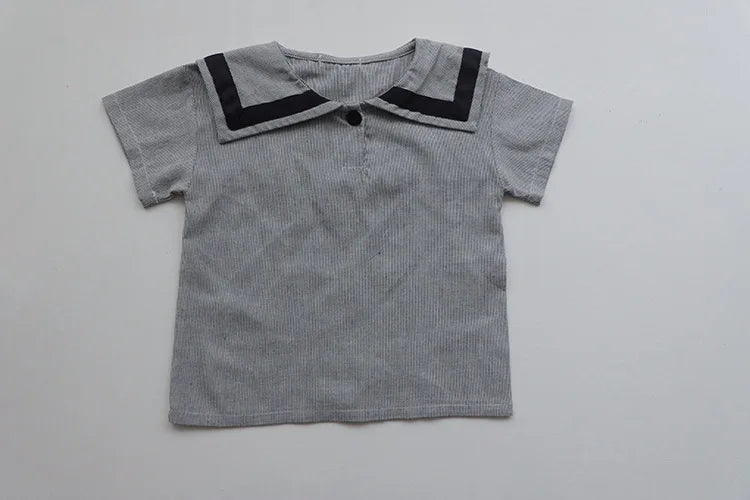 Yamza Tots' Closet Children Clothing Sets Boys Girls Muslin Top Shorts 2pcs Cotton Baby Outfit gray muslin baby top with black trim collar