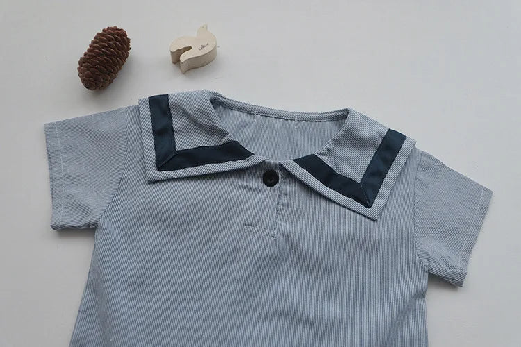 Children Clothing Sets Boys Girls Muslin Top Shorts 2pcs Cotton Baby Outfit gray muslin shirt with navy collar detail