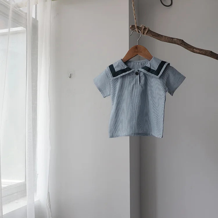 Children Clothing Sets Boys Girls Muslin Top Shorts 2pcs Cotton Baby Outfit blue sailor collar top hanging on wooden hanger