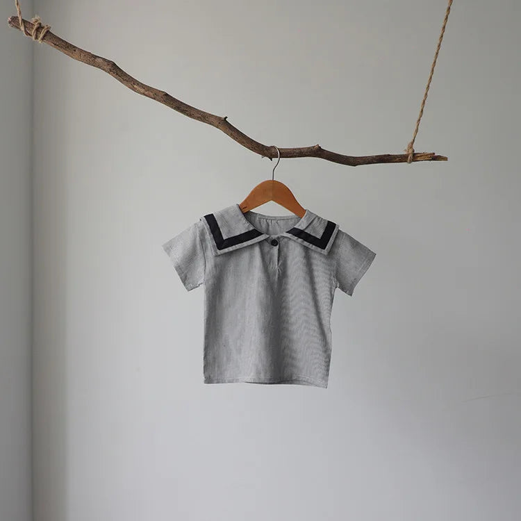 Children Clothing Sets Boys Girls Muslin Top Shorts 2pcs Cotton Baby Outfit gray muslin top with sailor collar hanging on wooden hanger