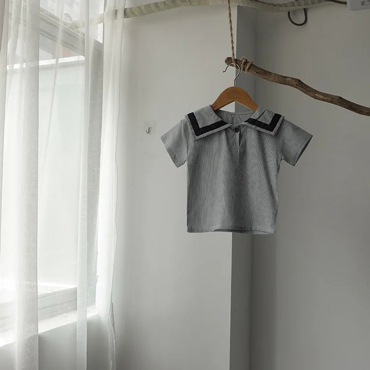 Children Clothing Sets Boys Girls Muslin Top Shorts 2pcs Cotton Baby Outfit gray striped top hanging on wooden hanger