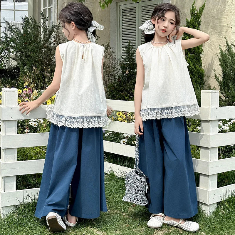 Children Clothing Sets Lace Sleeveless Top Wide-leg Denim Pants Girls Outfit by Yamza Tots' Closet in white and blue 