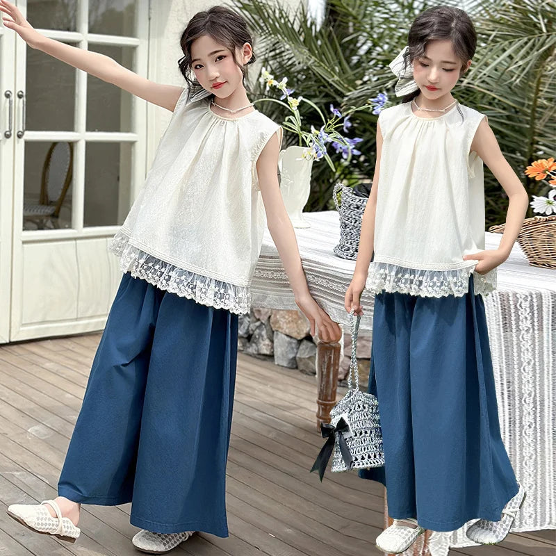 Children Clothing Sets Lace Sleeveless Top Wide-leg Denim Pants Girls Outfit by Yamza Tots Closet  