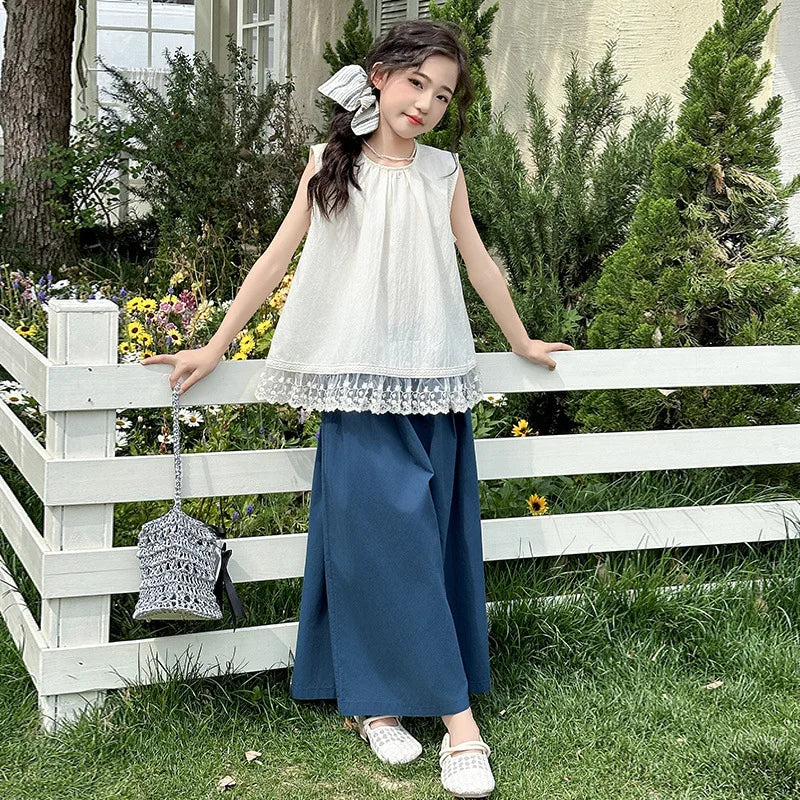 Children Clothing Sets Lace Sleeveless Top Wide-leg Denim Pants Girls Outfit with white lace top and blue wide-leg pants