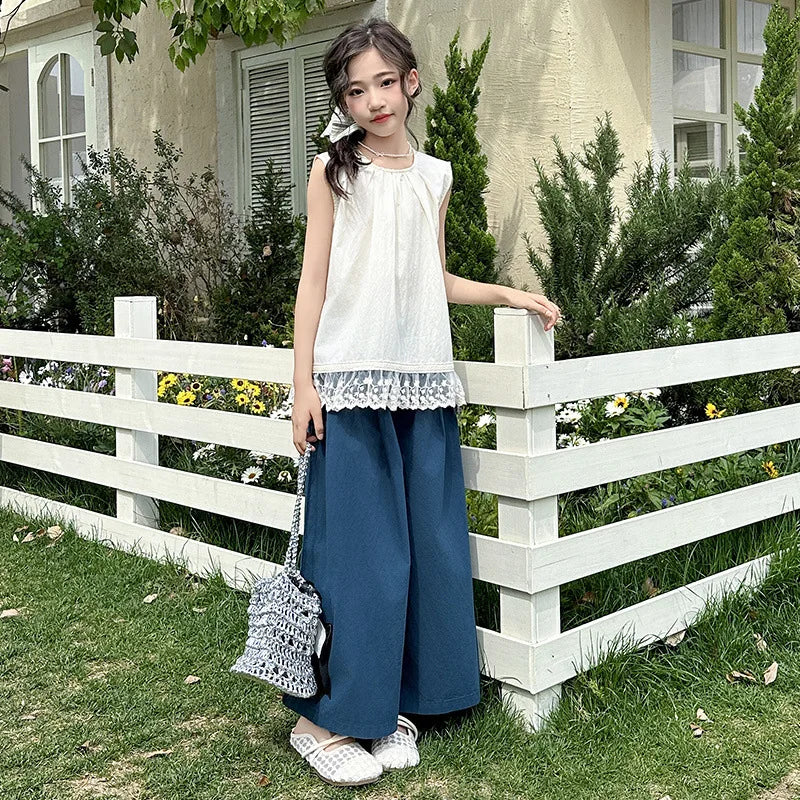 Children Clothing Sets Lace Sleeveless Top Wide-leg Denim Pants Girls Outfit with white lace top and blue denim pants