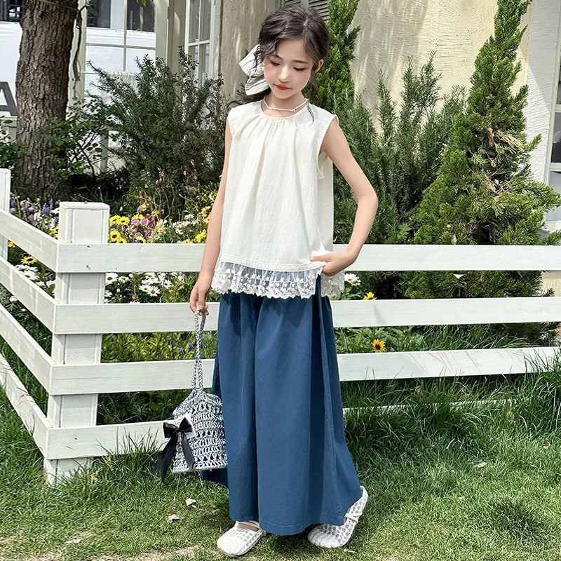 Children Clothing Sets Lace Sleeveless Top Wide-leg Denim Pants Girls Outfit by Yamza Tots Closet outdoors