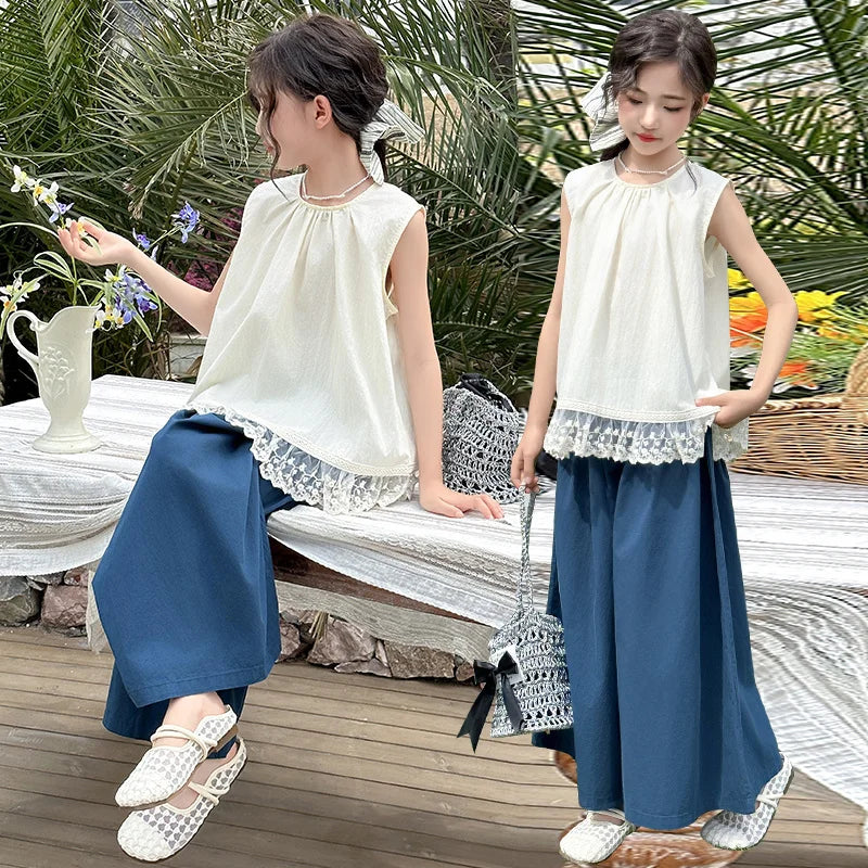 Children Clothing Sets Lace Sleeveless Top Wide-leg Denim Pants Girls Outfit by Yamza Tots' Closet in white and blue