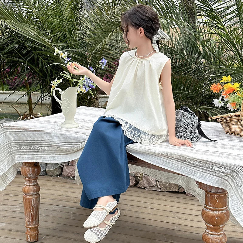 Girls outfit with Children Clothing Sets Lace Sleeveless Top Wide-leg Denim Pants by Yamza Tots Closet