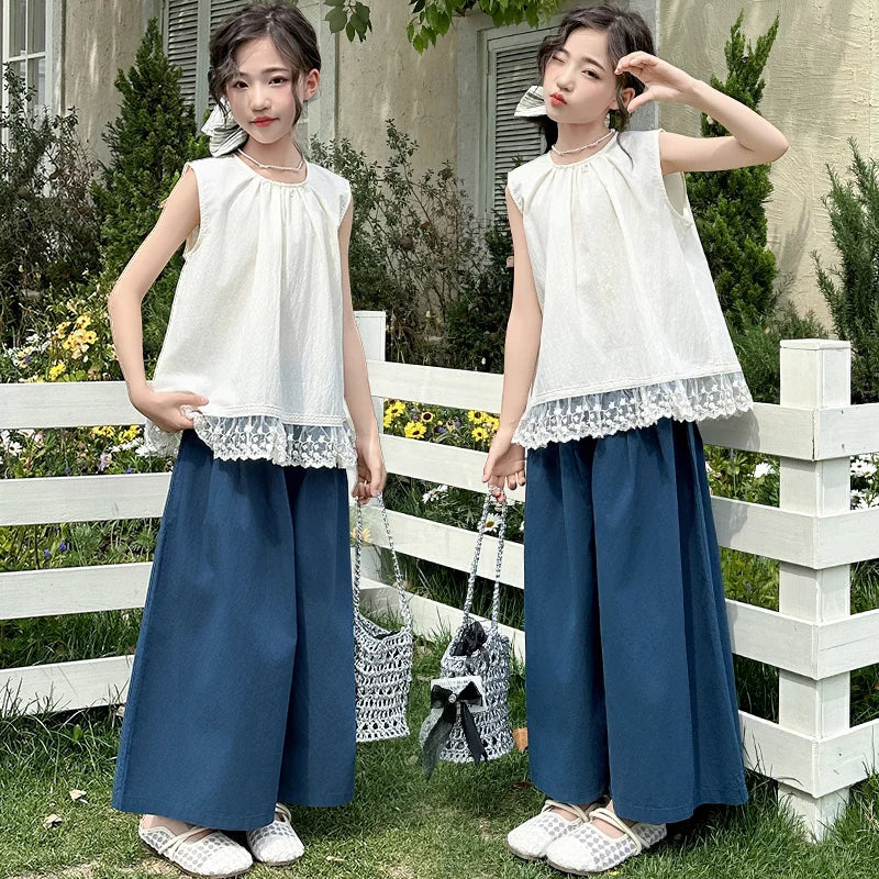 Children Clothing Sets Lace Sleeveless Top Wide-leg Denim Pants Girls Outfit by Yamza Tots Closet 