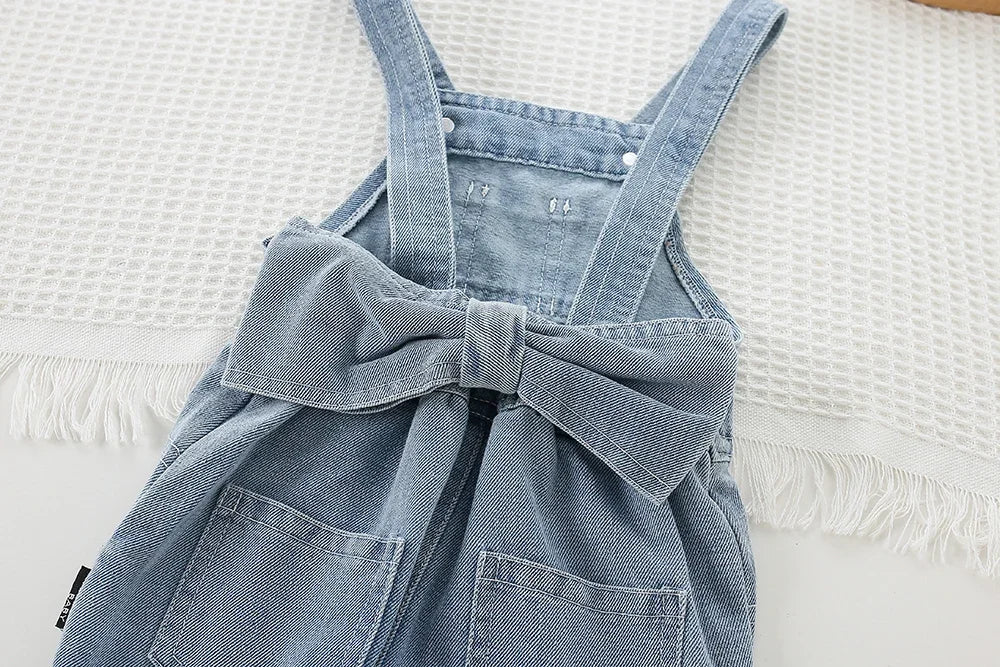 Children Clothing Sets Long Sleeve T Shirt Bow Suspenders Jeans Girls Baby Outfit blue denim suspender dress with bow