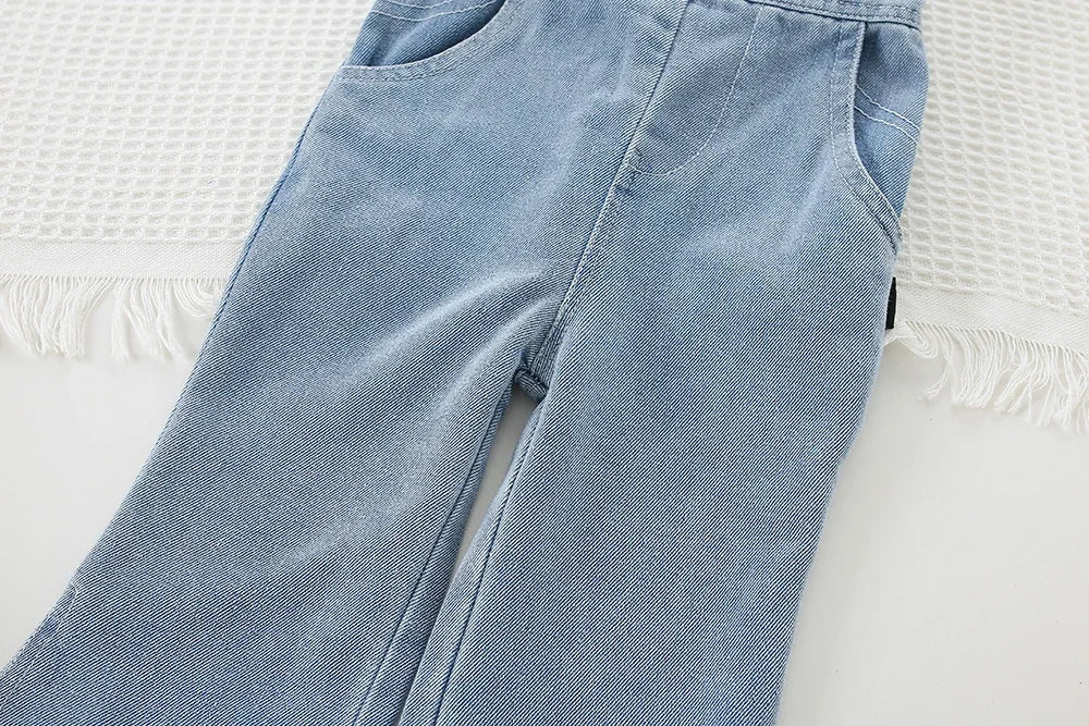 Light blue jeans from Children Clothing Sets Long Sleeve T Shirt Bow Suspenders Jeans Girls Baby Outfit by Yamza Tots' Closet