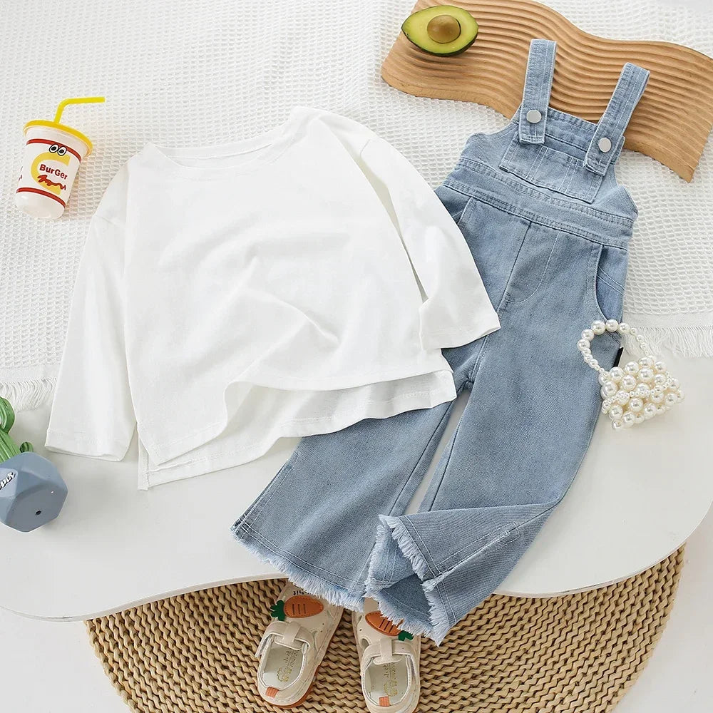 Children Clothing Sets Long Sleeve T Shirt Bow Suspenders Jeans Girls Baby Outfit with white top and denim overalls 