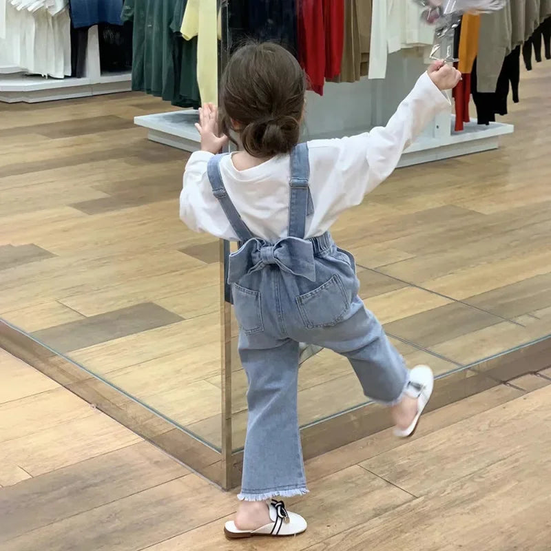 Children Clothing Sets Long Sleeve T Shirt Bow Suspenders Jeans Girls Baby Outfit in light blue denim with white long sleeve top