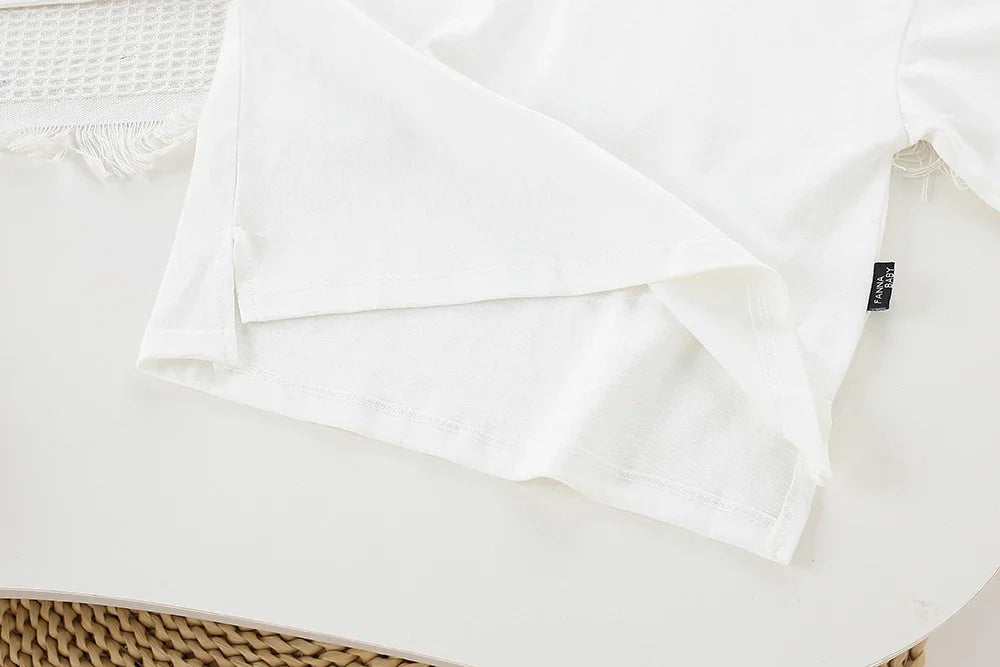 White long sleeve t shirt from Children Clothing Sets Long Sleeve T Shirt Bow Suspenders Jeans Girls Baby Outfit by Yamza Tots Closet