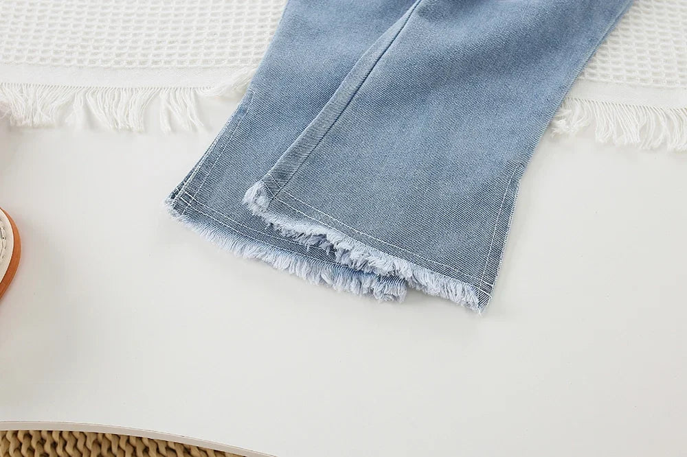 Light blue denim jeans with frayed hems for Children Clothing Sets Long Sleeve T Shirt Bow Suspenders Jeans Girls Baby Outfit