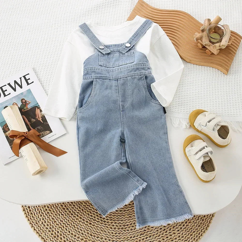 Children Clothing Sets Long Sleeve T Shirt Bow Suspenders Jeans Girls Baby Outfit by Yamza Tots Closet with white top and denim overalls