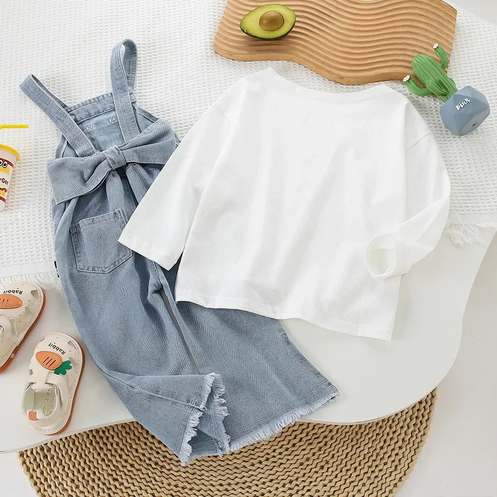 Children Clothing Sets Long Sleeve T Shirt Bow Suspenders Jeans Girls Baby Outfit with white top and denim overalls