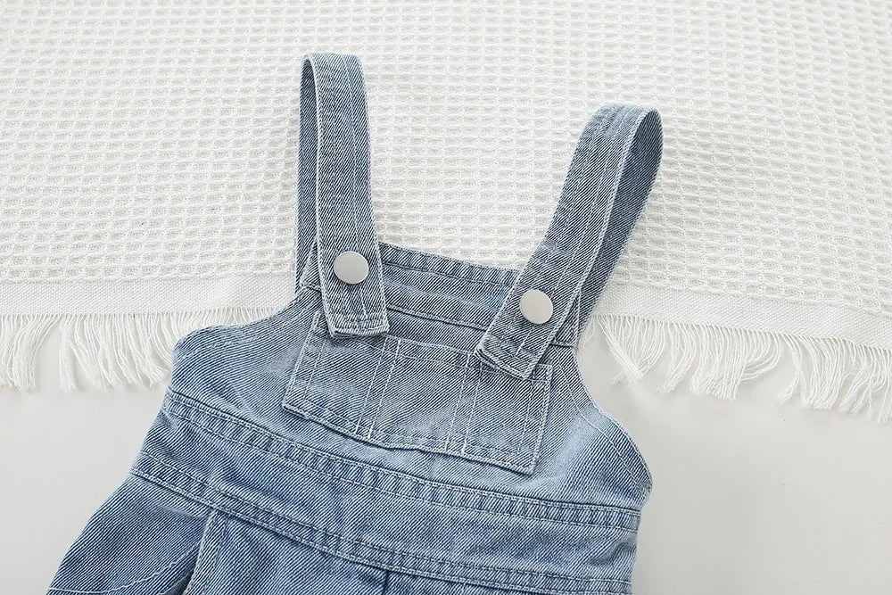 Blue denim overalls for girls with adjustable straps featured in Children Clothing Sets Long Sleeve T Shirt Bow Suspenders Jeans Girls Baby Outfit