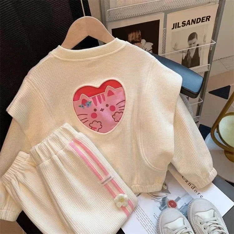 Children Clothing Sets Love Cat Print Tops and Pants Girls Kids Boutique Outfit cream knit fabric with pink cat heart design